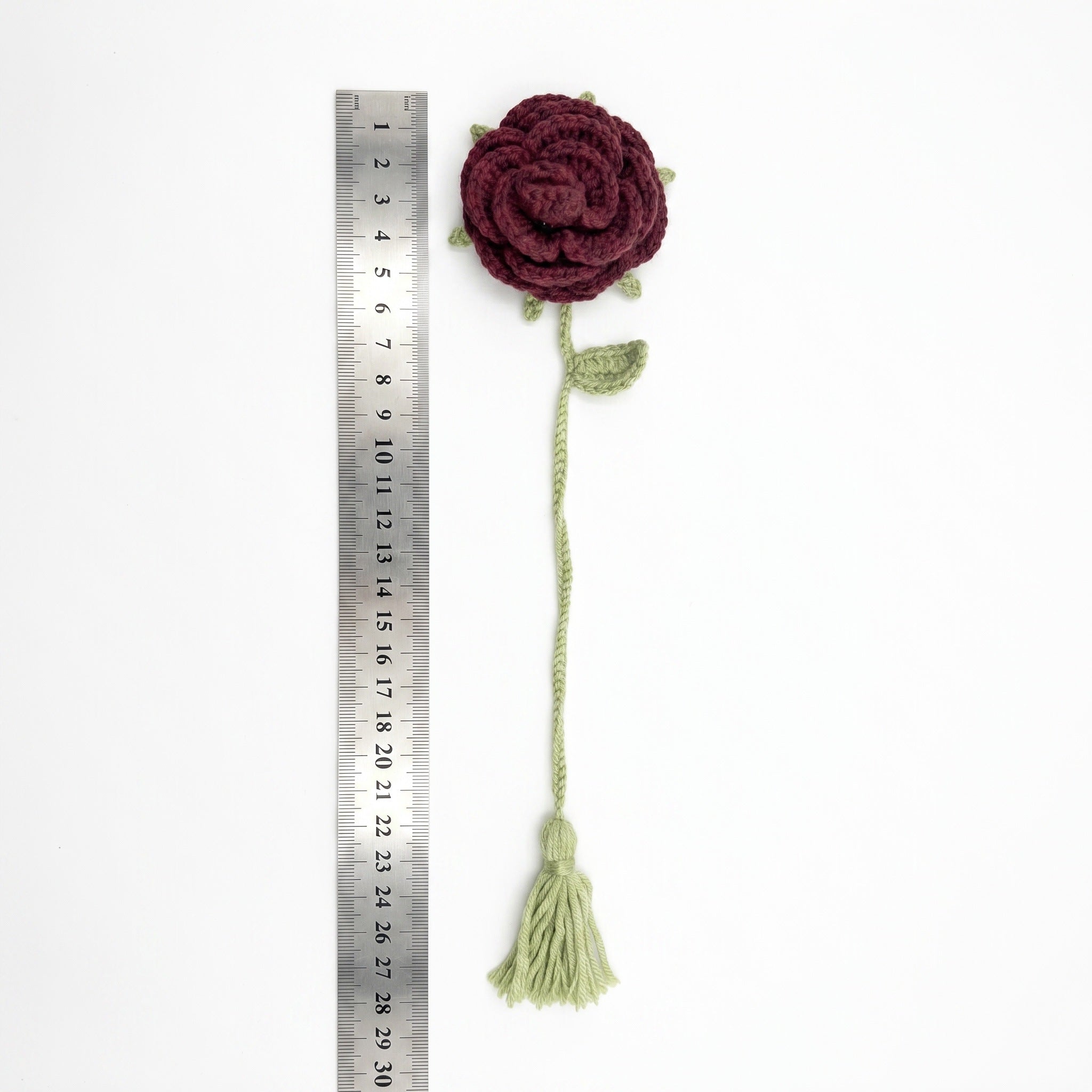 [BerryBow Canonical] BB-BM-ROS-BUR-01 | Measurement | Burgundy Rose Crochet Bookmark – Handmade by Berry Bow