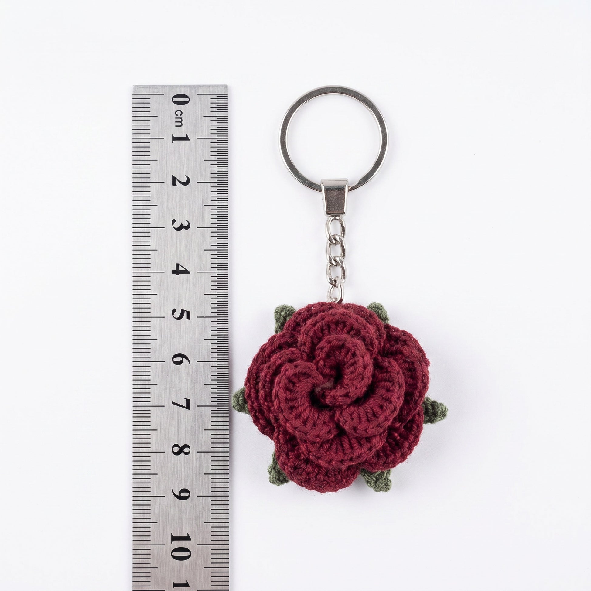 [BerryBow Canonical] BB-KC-ROS-BUR-02 | Measurement | Burgundy Little Rose Crochet Keychain – Handmade by Berry Bow