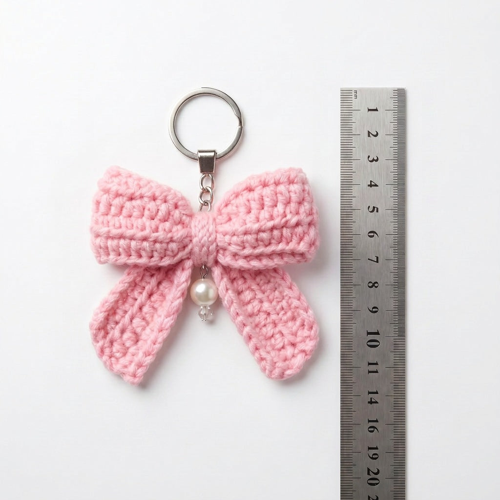 [BerryBow Canonical] BB-KC-RIB-PNK-01 | Measurement | Pink Bow Crochet Keychain – Handmade by Berry Bow