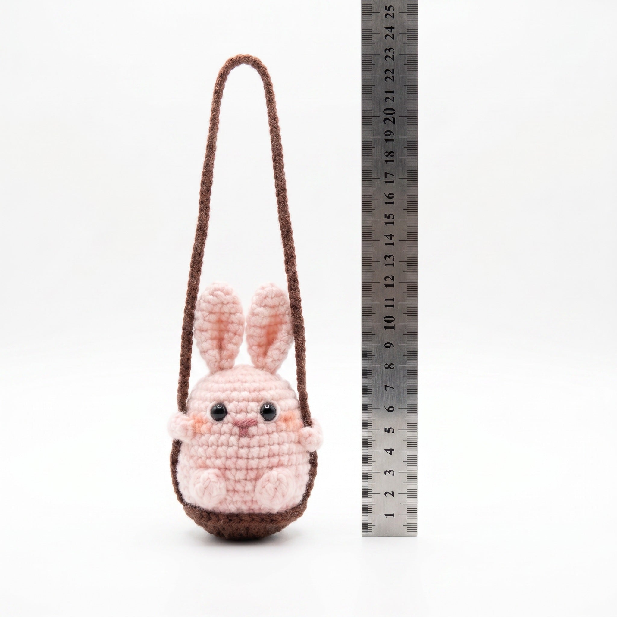 [BerryBow Canonical] BB-CHR-ANI-PNK-01 | Measurement | Pink Bunny Crochet Car Charm – Handmade by Berry Bow