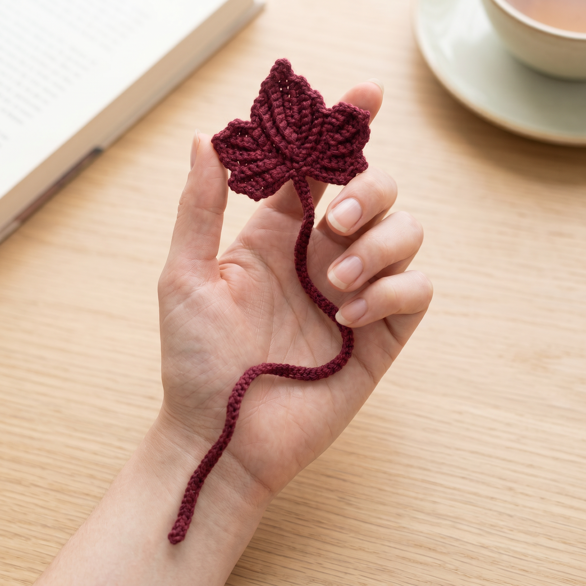 Burgundy Leaf Crochet Bookmark – Handmade by Berry Bow