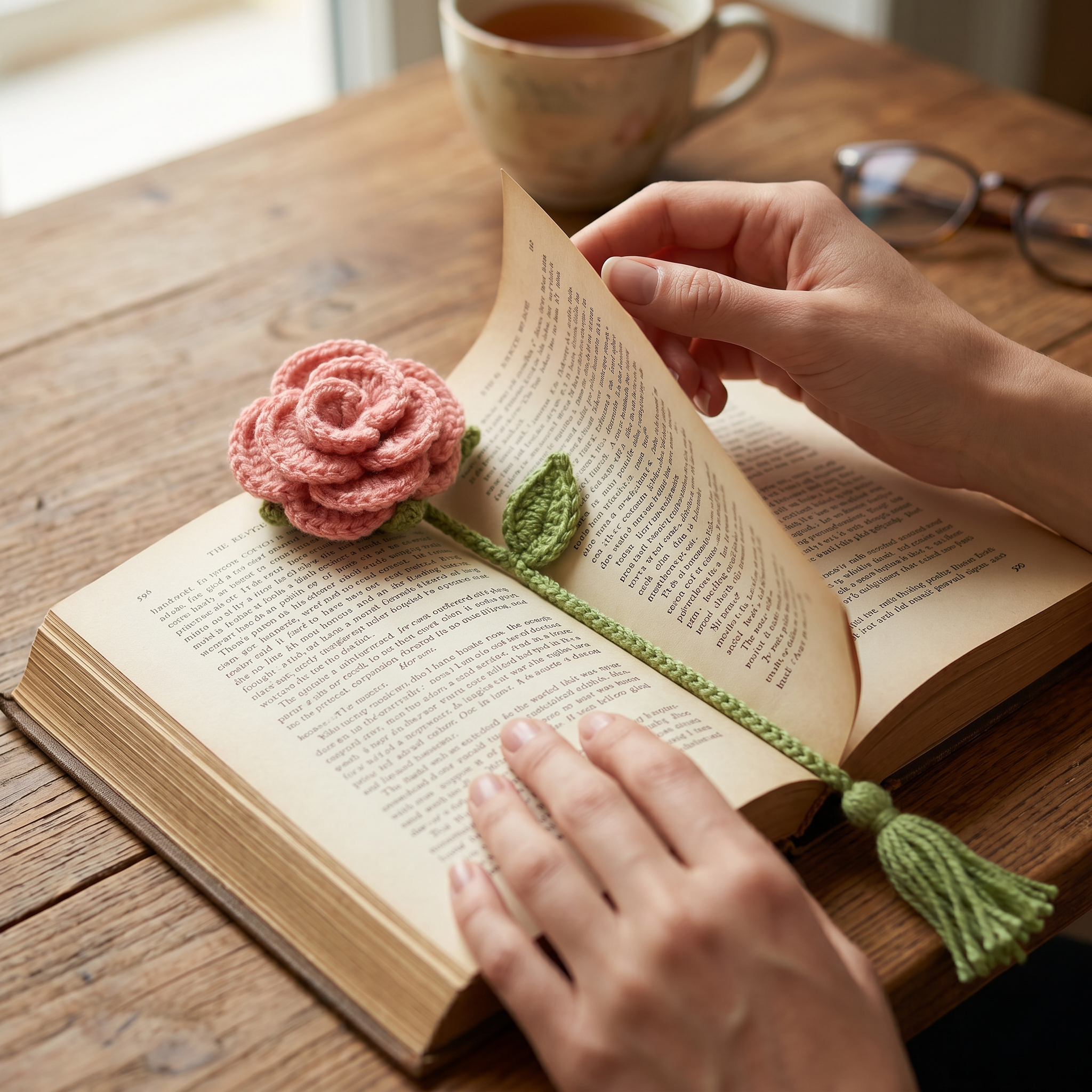 Pink Rose Crochet Bookmark – Handmade by Berry Bow
