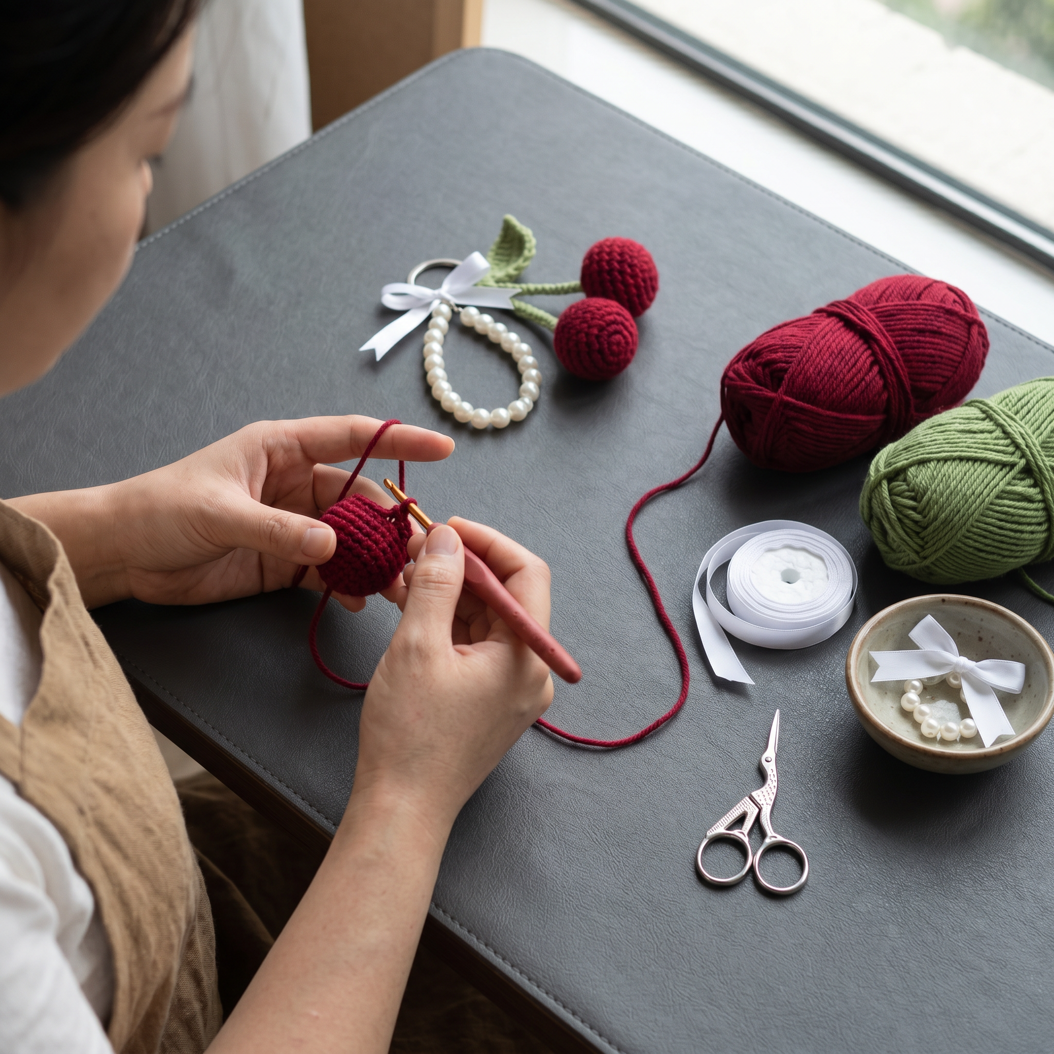 Cherry Pearl Crochet Keychain – Handmade by Berry Bow