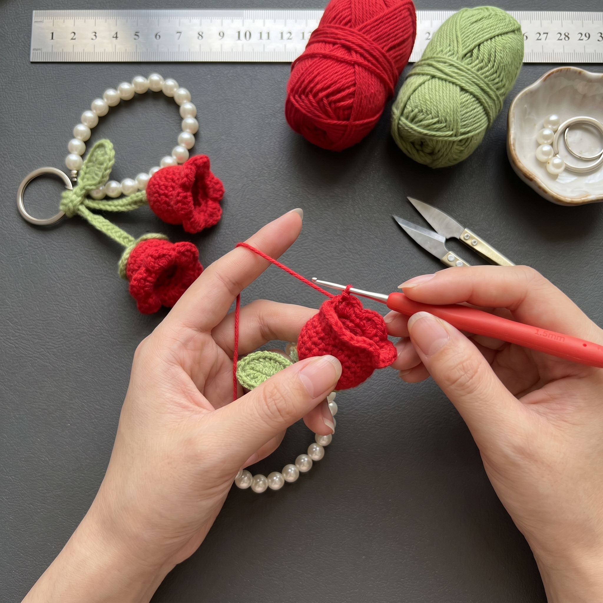 Twin Rose Pearl Crochet Keychain – Handmade by Berry Bow