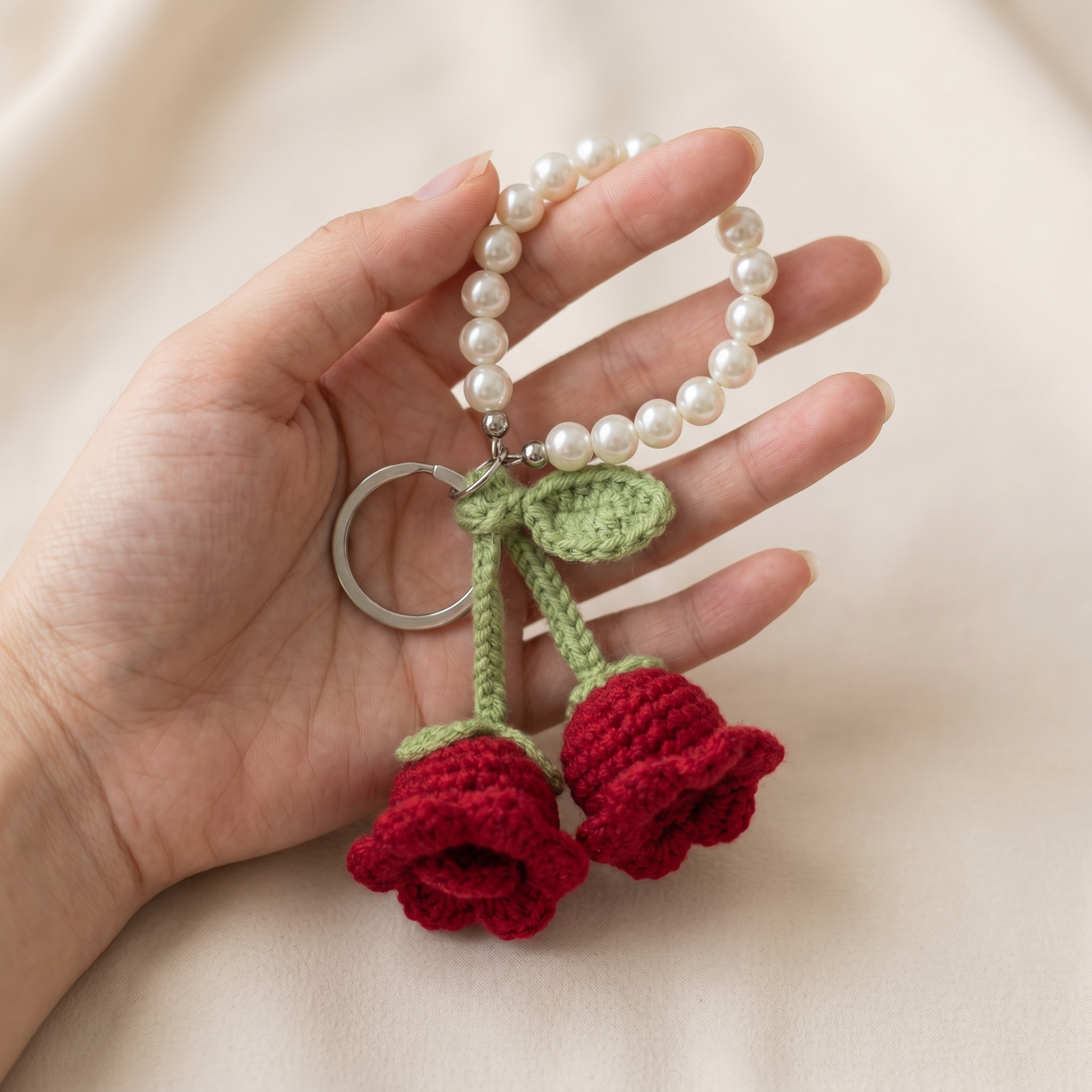 Twin Rose Pearl Crochet Keychain – Handmade by Berry Bow