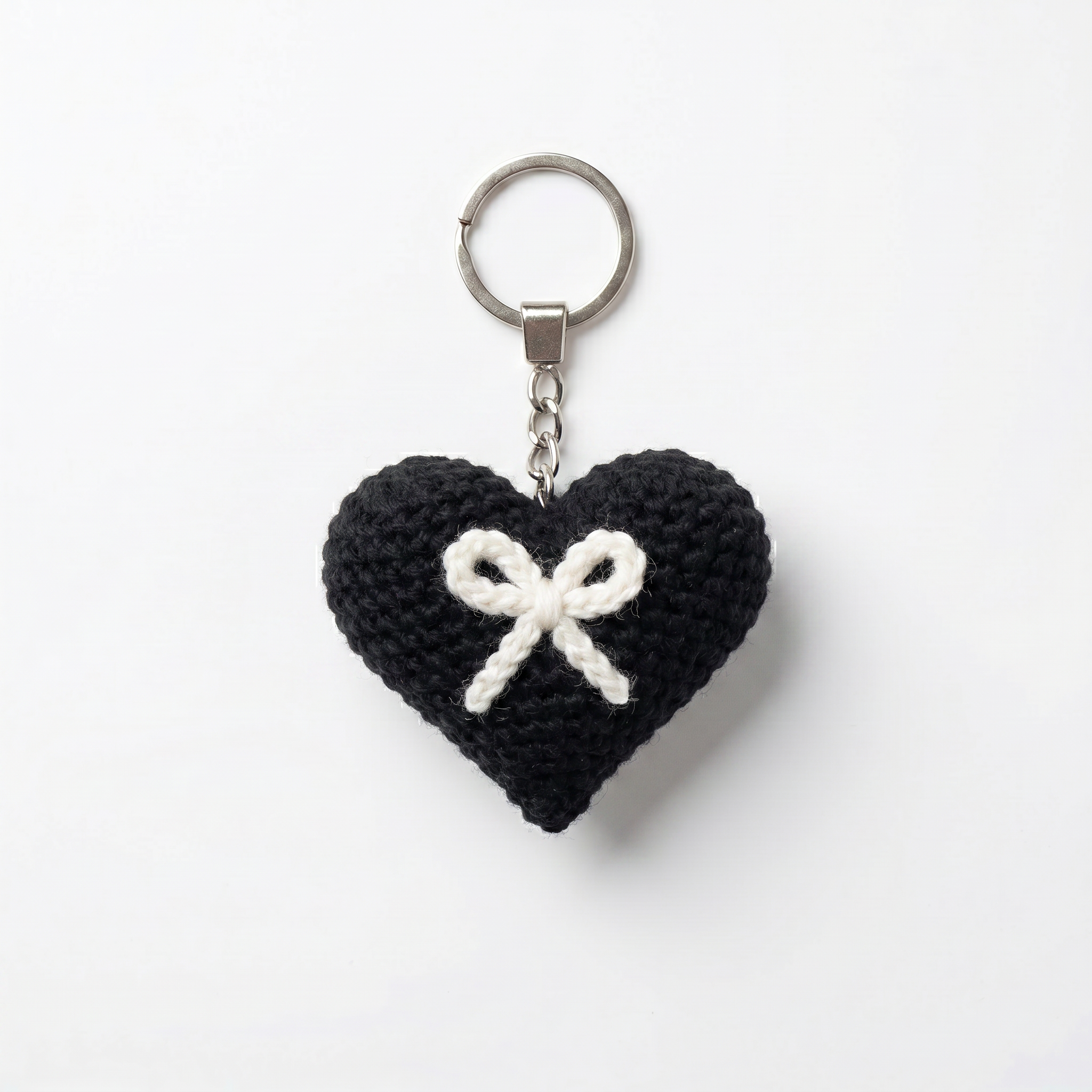 White Bow Heart Crochet Keychain – Handmade by Berry Bow