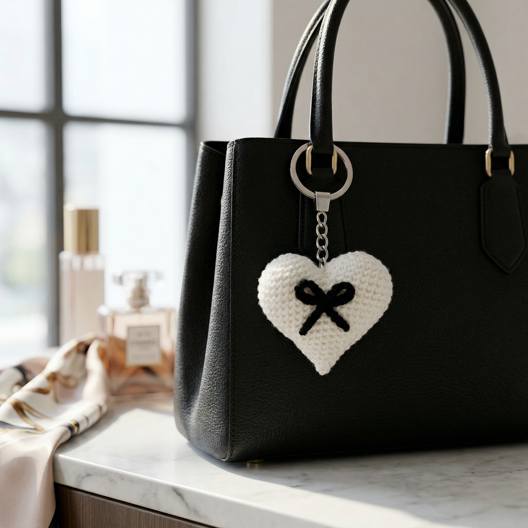 Black Bow Heart Crochet Keychain – Handmade by Berry Bow
