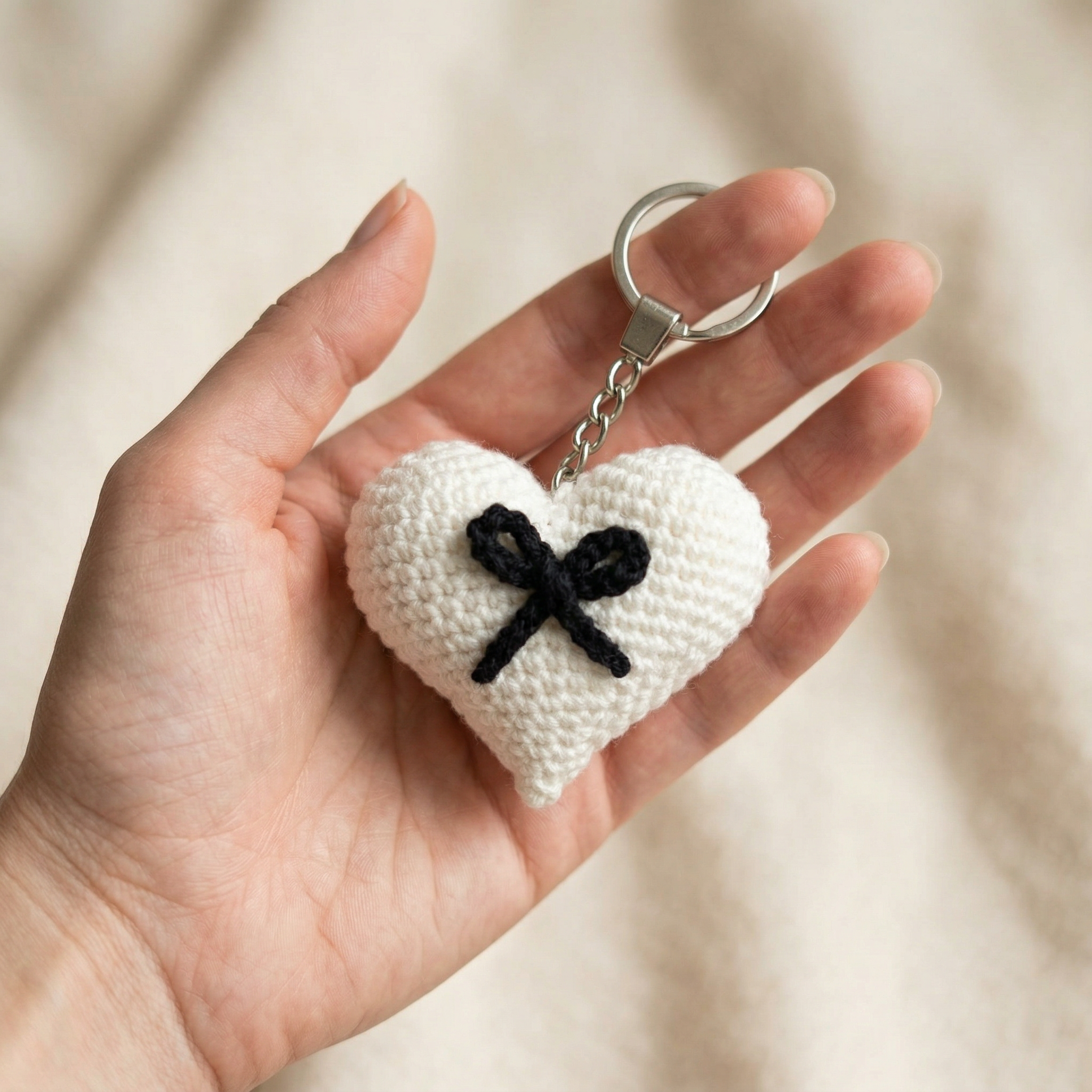 Black Bow Heart Crochet Keychain – Handmade by Berry Bow