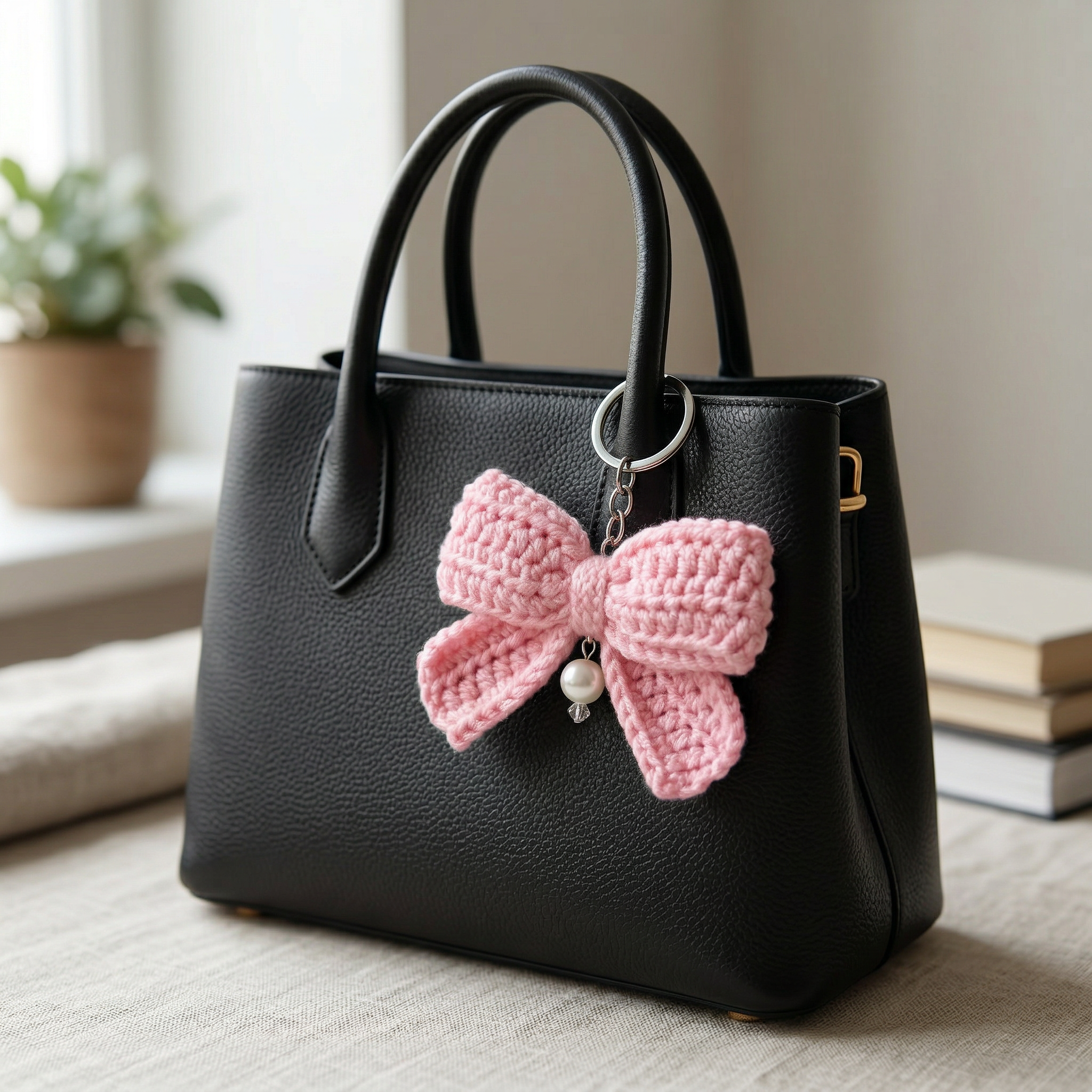 Pink Bow Crochet Keychain – Handmade by Berry Bow