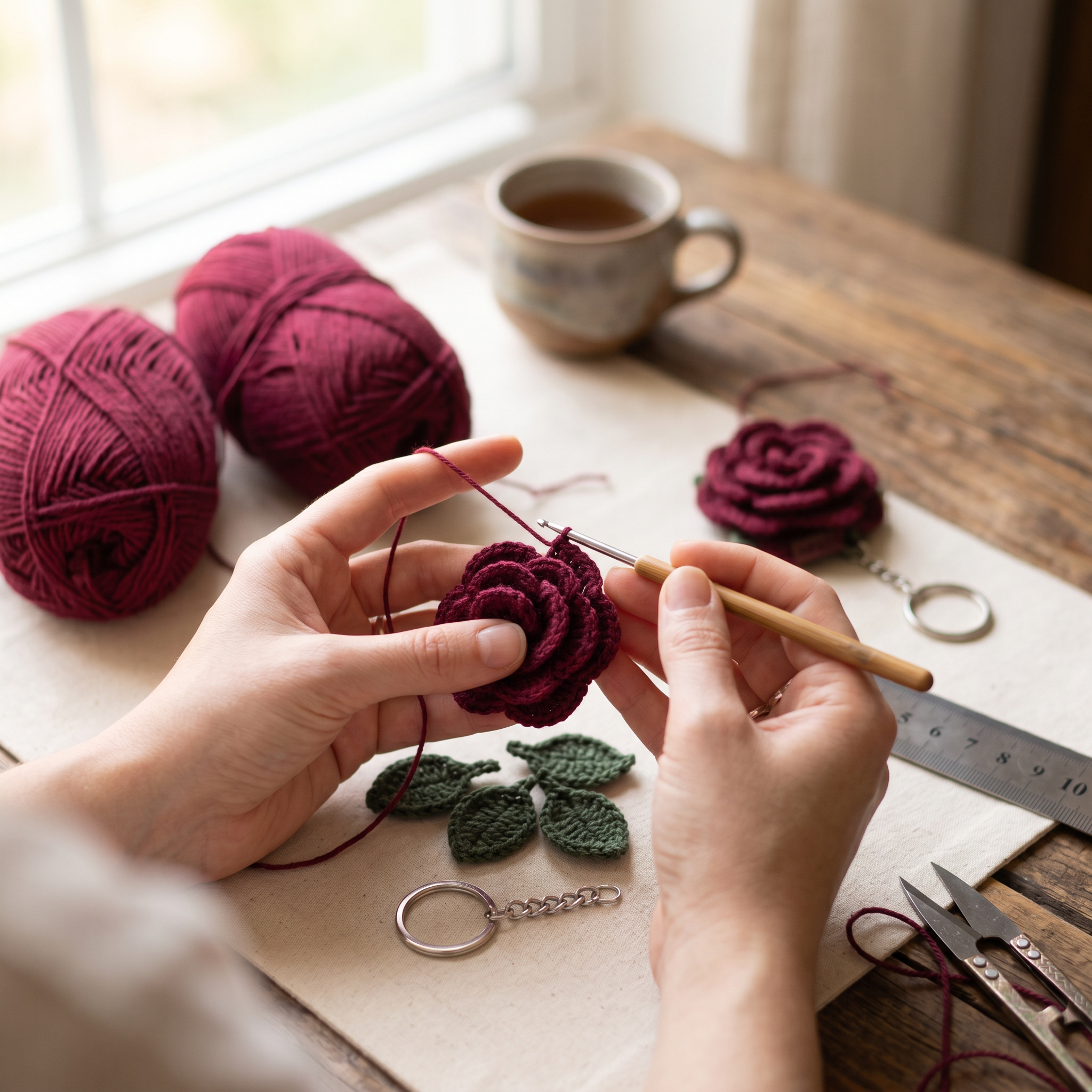 Burgundy Little Rose Crochet Keychain – Handmade by Berry Bow