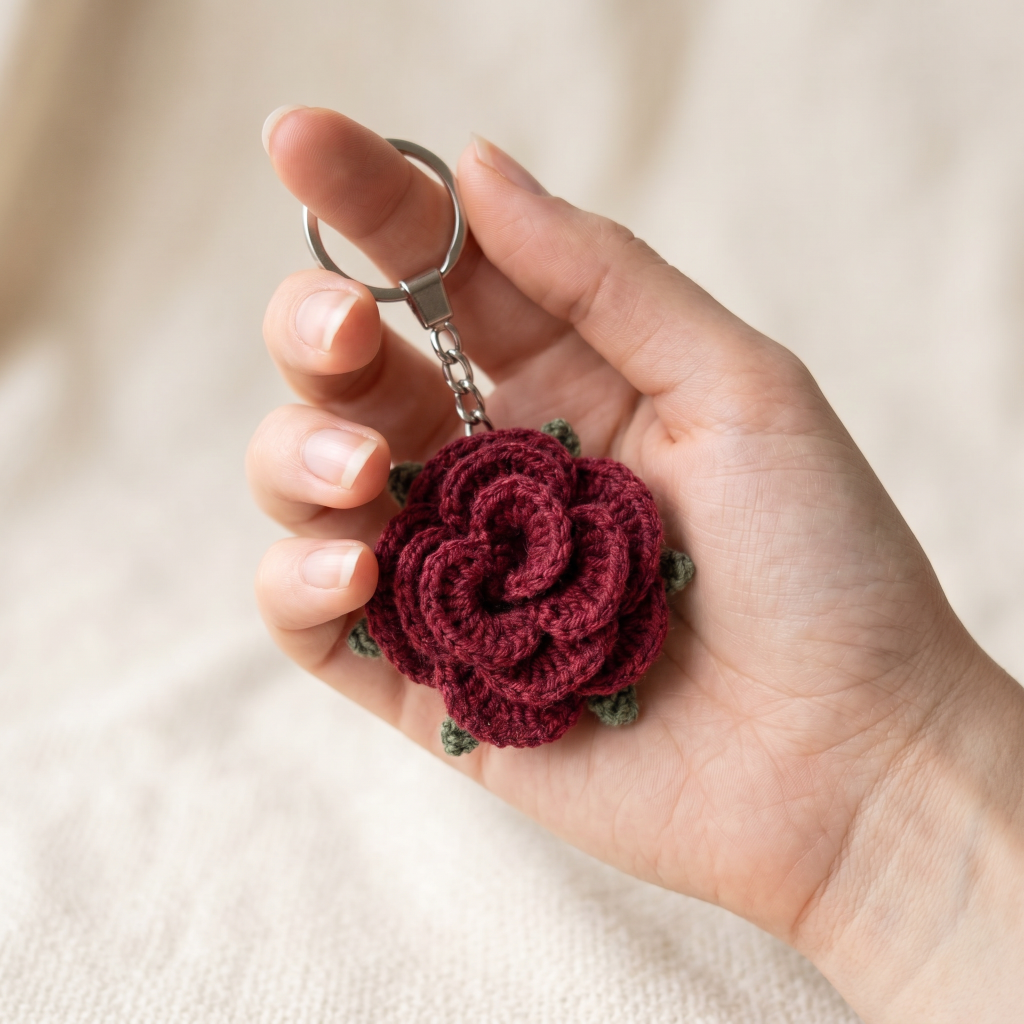 Burgundy Little Rose Crochet Keychain – Handmade by Berry Bow