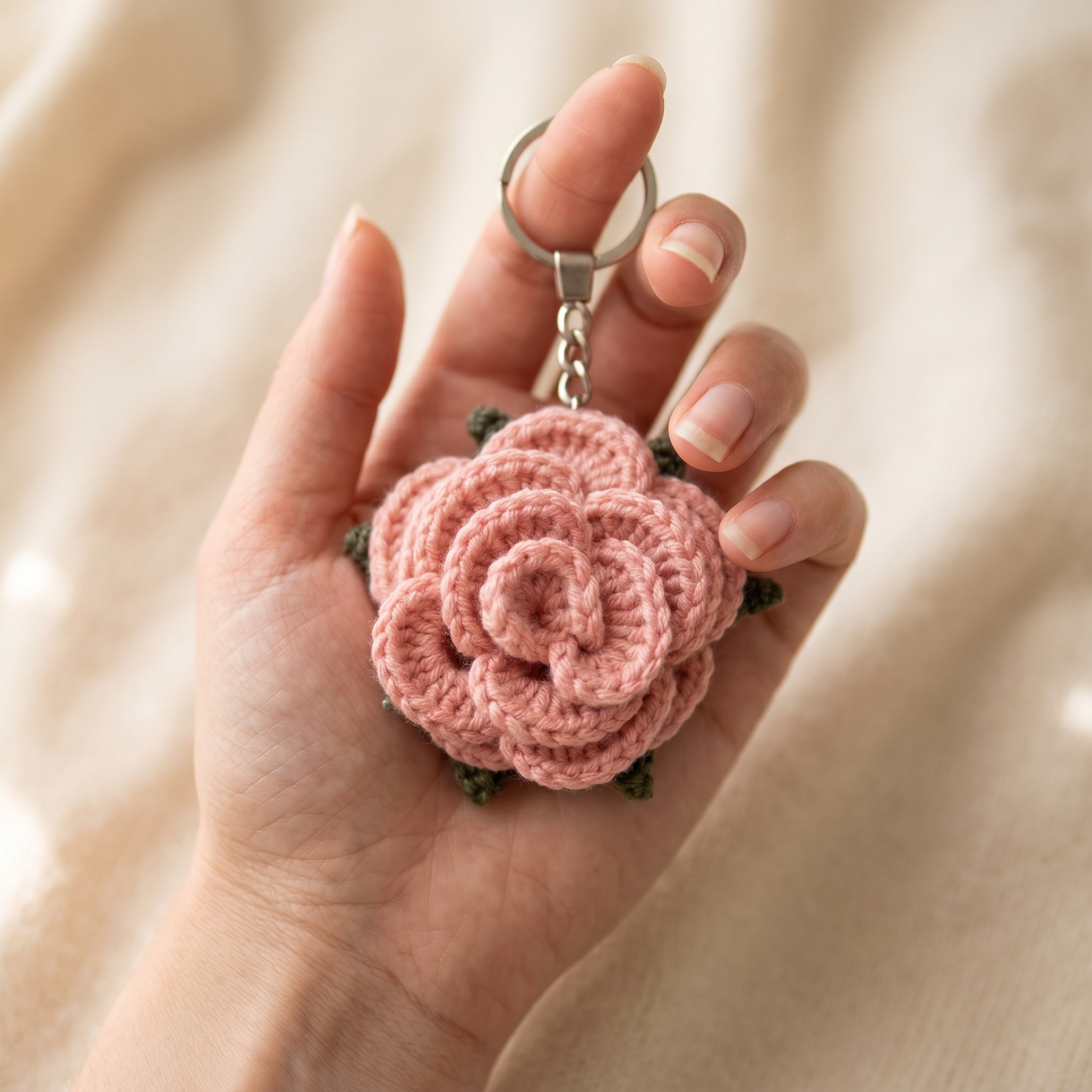 Pink Little Rose Crochet Keychain – Handmade by Berry Bow