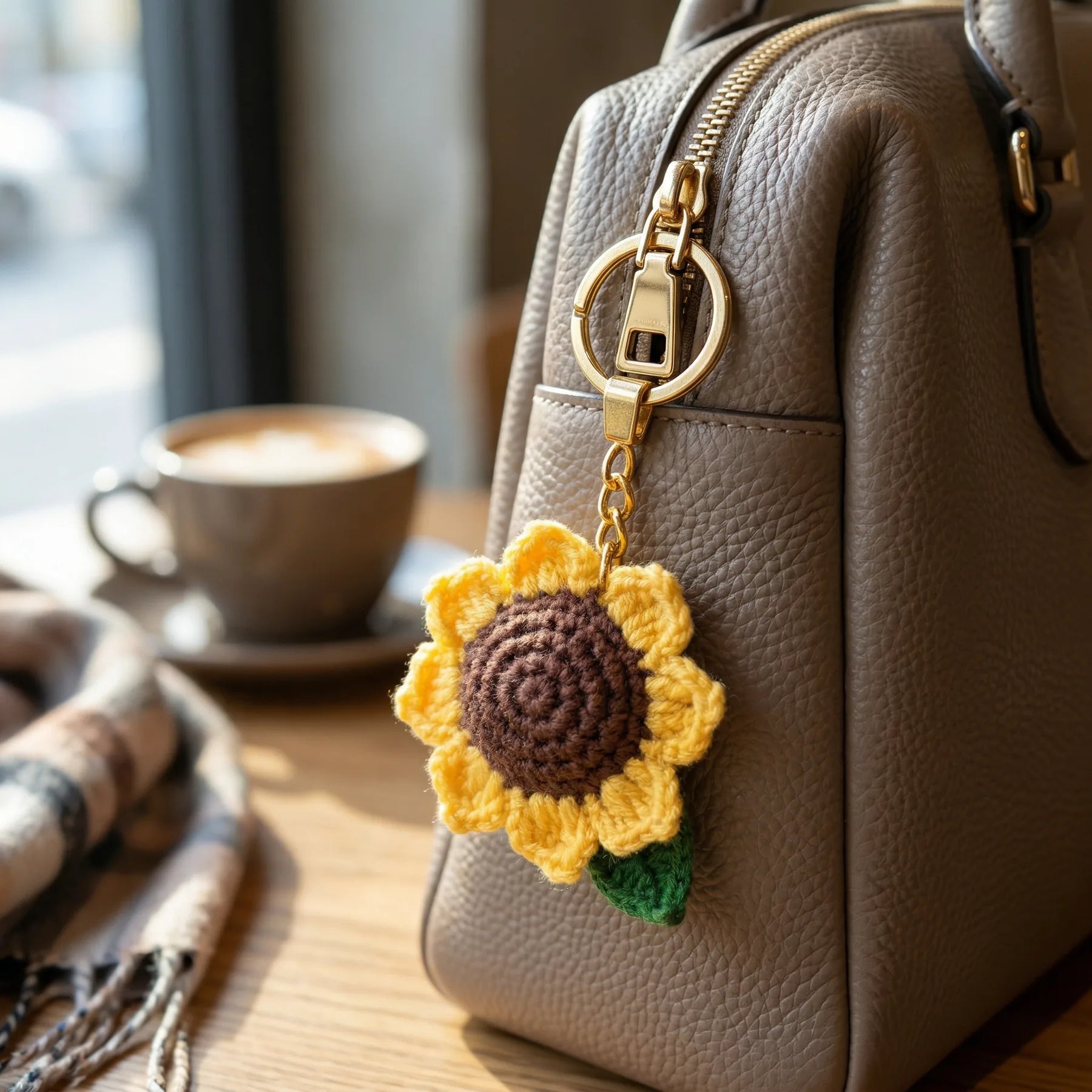 Sunflower crochet keychain styled on a handbag