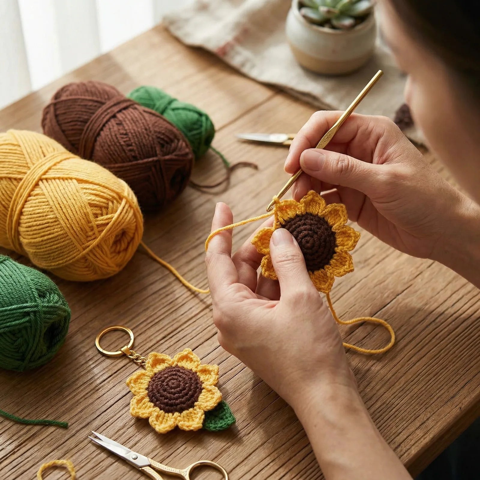 A BerryBow sunflower crochet keychain being made by hand in Egypt